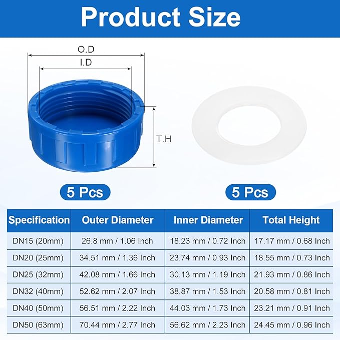 uxcell 5Pcs 1-1/2 Inch PT Female Thread PVC Pipe Fitting Cap, Cleanout Water Drain End Caps, Pipe Plug Socket Fittings with Gasket for Water Heater Supply Lines, Plumbing, Blue