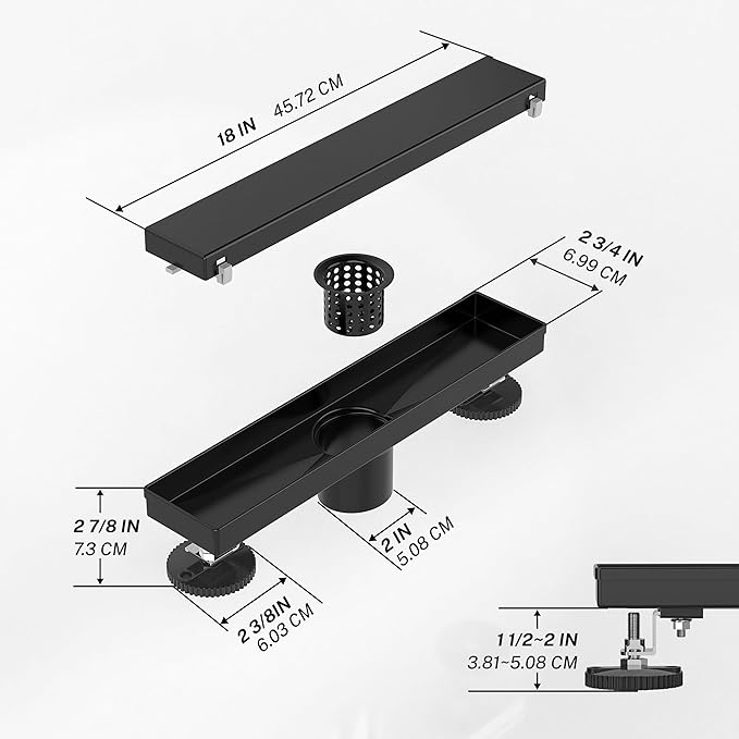 Linear Shower Drain.18 Inch Shower Trench Drain with 2-in-1 Flat Cover & Inser Cover,304 Stainless Rectangle Steel Shower Floor Drain with Hair Strainer and Leveling Feet (Black, 18 in)