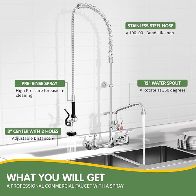 Commercial Sink Faucet,TOLSUNY Commercial Kitchen Faucet Wall Mount with Pre Rinse Sprayer,Wall Mounted Kitchen Sink Faucet for Industrial and Restaurant Sinks. (Classic, 43)