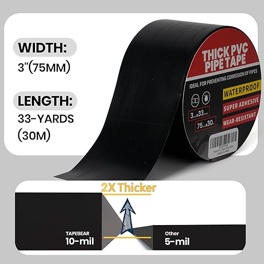 TAPEBEAR Corrosion Protection Pipe Tape, 10mil Pipe Wrap Tape for Drain Pipe, Metal Electrical Outdoor Underground Pipe, Waterproof PVC Black Tape Thicker for Hose Leak Proof, 3Inch x 33Yard