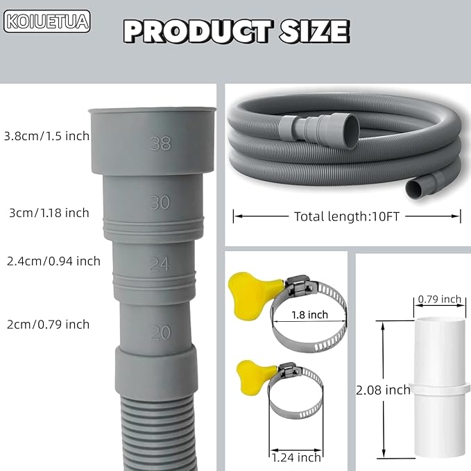 10FT Universal Washing Machine Drain Hose Kit – Extra-Long Corrugated Extension for Washer, Dishwasher & Dehumidifier | 7-Pack with 4 Stainless Clamps & Adapter, U-Bend Bracket