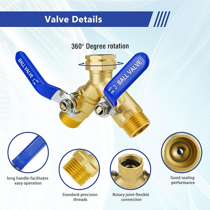 Brass Hose Splitter 2 Way Heavy Duty GHT 3/4 Garden Hose Y Splitter with Shut off Valves, Full Flow Hose Bib Splitters Dual Hose Diverter Connector for Outdoor Faucet/Water Spigot