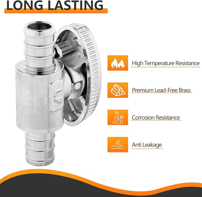 50-PCs HeSun Pex Barb Crimp Straight Stop Valve, 1/2" PEX x 1/2" PEX Straight Stop, 1/4 Turn Shut Off Valve for Bathroom, ASTM F1807(VALVE105-50)