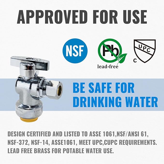 SUNGATOR 2-Pack Angle Stop Valve, Angle Water Shut Off Valve 1/2 x 3/8 Inch Compression, Toilet Water Shutoff, 1/4 Turn, No Lead Brass Push-to-Connect Plumbing Fittings for PEX Pipe, Copper, CPVC