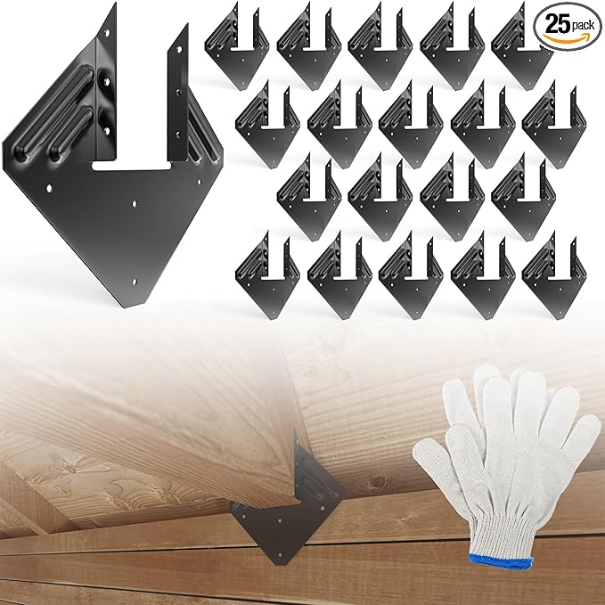 20pcs Hurricane Ties for Rafter, 14-Gauge Hurricane Straps Brackets Fit 2x4, 2x6 Truss to Rafter Connector, Hot Dip Galvanized Black Joist Hangers for Roofing Wood Timber, Hurricane Clips with Gloves