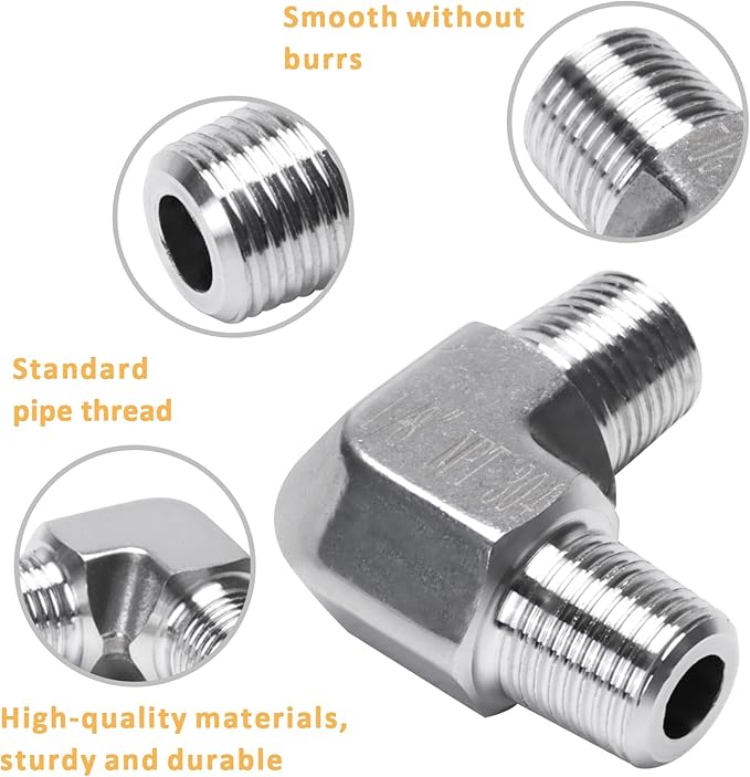 90 Degree Street Elbow - 1/8" NPT Male to 1/8" NPT Male Stainless Steel 304 Heavy Duty Forged Barstock Street Elbow Adapter Pipe Fitting (pack of 5)