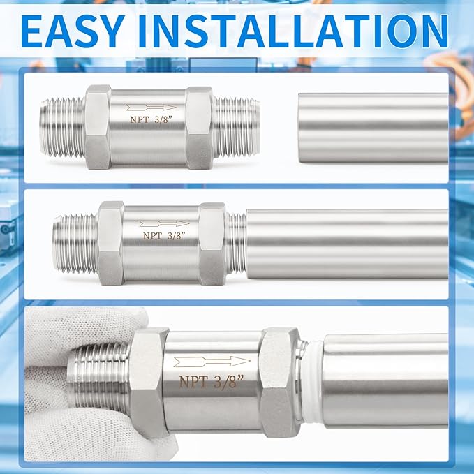 ChillWaves 304 Stainless Steel In-Line Split Check Valve 3/8" NPT Male Thread, One-Way Non-return Check Valve，Prevent Water Back-flow(1-PACK)