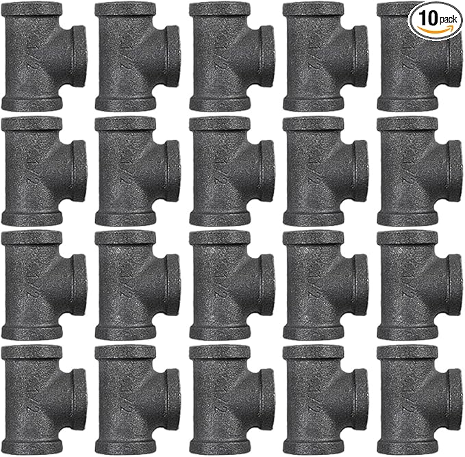 10 Pack 1/2 inches Malleable Cast Iron Pipe Tees, Industrial Pipe Flanges for Threaded Black Pipes and Fittings, DIY Steampunk Industrial Vintage Style.