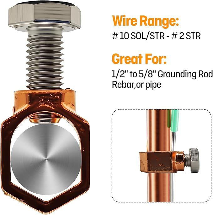 Ground Rod Clamp, Great for 1/2”, 5/8” and 3/4’’ Grounding Rods (1/2''-5/8'', Copper Brass Clamp, 2, CP58-ZT)