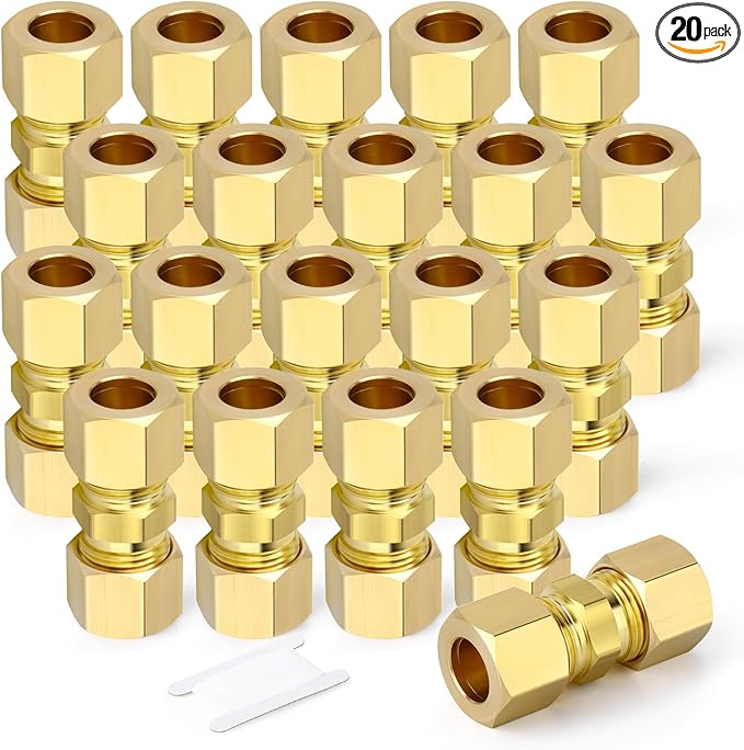 GASHER 20PCS Brass Compression Tube Pipe Fitting Connector, 1/4" Tube OD x 1/4" Tube OD Connector