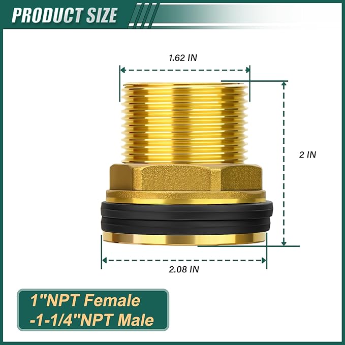 Brass Water Tank Connector Bulkhead Tank Fitting, 1" NPT Female 1-1/4" NPT Male, with Rubber Ring, for water towers/water inlet/outlet/various pipes/fittings,etc.