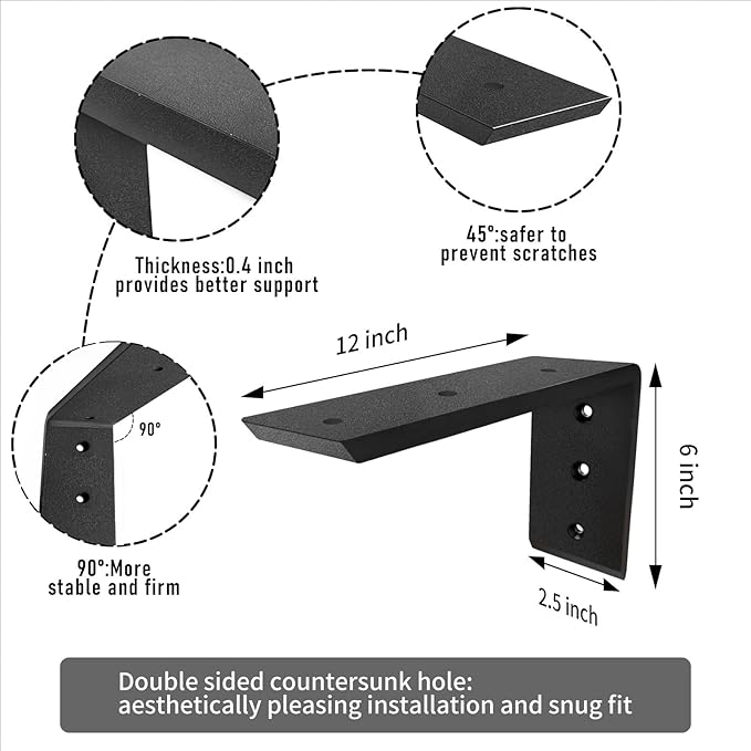 12 Inch Heavy-Duty Countertop Support Brackets L Shape Metal Countertop Shelf Brackets 0.4 Inch Thick 12"x6"x2.5" for Quartz/Granite/Wood/Concrete/Laminate Countertops (2pack)