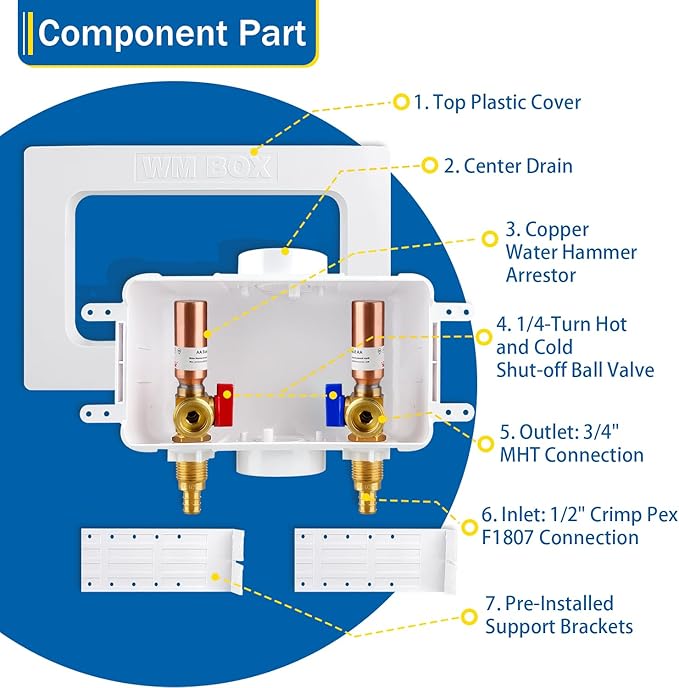 Washing Machine Outlet Box with Center Drain, 1/2" Crimp Pex F1807 Inlet x 3/4" MHT Outlet Connection with Hot and Cold 1/4-turn Shut-off Ball Valve and Copper Water Hammer Arrestor