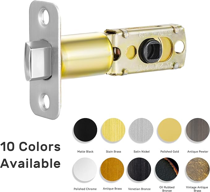 Satin Nickel Adjustable Door Latch 60 or 70mm, 45° Turning Angle, Door Lock Replacement Parts with Door Strike Plate, Wood Dowel, Dust-Boxes