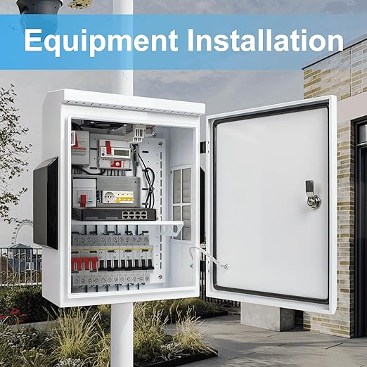 Outdoor Electrical Box with Thermostat and Fan, Cold-Rolled Steel Plate, Aluminum Alloy Back Beam, One-Piece Ventilation Design, IP65 Waterproof, Wall/Pole Mounted. (19.6" x 15.7" x 7.9")