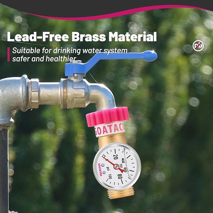Water Pressure Regulator, Lead-Free Brass Pressure Reducer, 40-50psi, 3/4" Hose, with Gauge and Filter Screen, for Camper Travel Trailer RV Plumbing System
