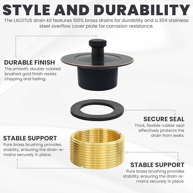 Venetian Bronze Bathtub Drain Kit - Lift and Turn - Replacement Kit for Bathtub, Overflow Plate and Screws Included, Universal Fit 1-3/8" and 1-1/2"- Brass Construction - Easy Install