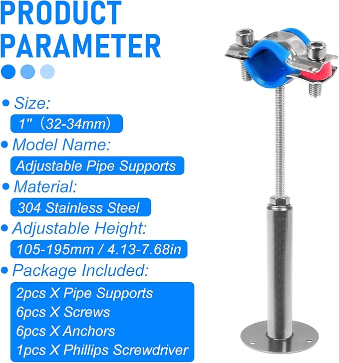 Kodilin 2PCS 304 Stainless Steel Wall Mount Ceiling Mount Pipe Supports,Suitable for OD Pipe 1"(32-34mm),Adjustable Height 100-200mm,Adjustable Pipe Strap Clamp with Screws