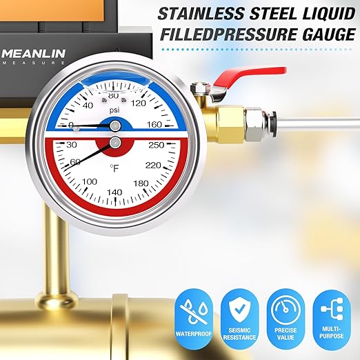 MEANLIN MEASURE 0-160Psi Stainless Steel Thermal Pressure Gauge 30-250℉ 1/4" NPT 2.5" FACE DIAL Liquid Filled Pressure Gauge, with 1/2" NPT and 3/8" NPT Hex Bushing, Back Mount