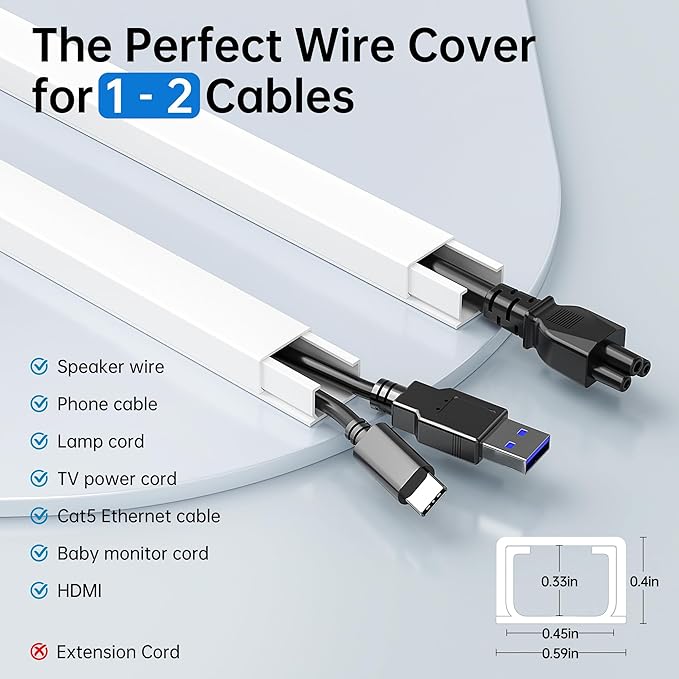 Delamu Cable Hider, 315in Cord Covers for Wires on Wall, One-Cord Cord Hider, Paintable Wire Hiders Wire Covers for Cords, Cable Management for Hiding 1-2 Small Wires, 20x L15.7 W0.59 H0.40in, White