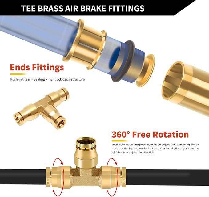 3/8" Brass Push to Connect Fittings Tee Union Dot Approved Air Brake Quick Connect Fittings Air Line Fittings Air Suspension Kit for Truck Trailers and Air Brake System 2Pcs