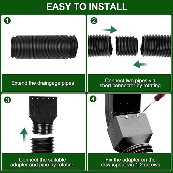 2 Pack Rain Gutter Downspout Extensions, Upgraded Flexible Drain Down Spout Extender for Rain Water Drainage, Each Extendable from 20" to 66", Combine to 10 ft with Connector(Black)