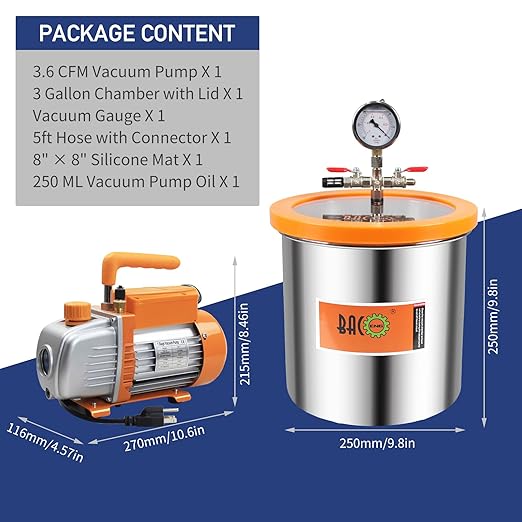 BACOENG 3 Gallon Vacuum Chamber with Pump, Stainless Steel Acrylic Lid Degassing Chamber Kit for Resin, Silicone and Epoxies