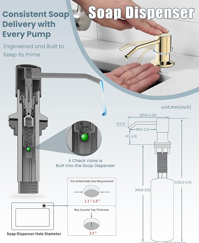 Gold Kitchen Faucet with Soap Dispenser, Pull Down Kitchen Faucet with Sprayer, Single Handle Kitchen Sink Faucet with Dual Function Spray Head, Camper Laundry RV Faucet,PVD
