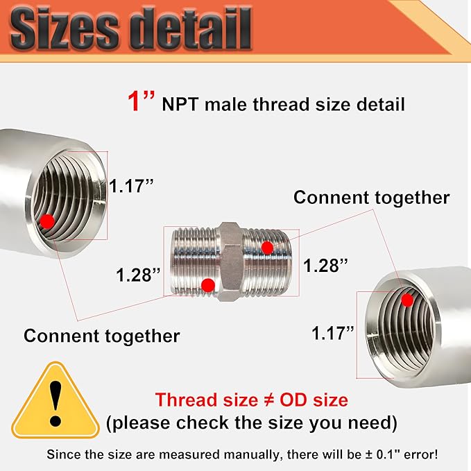 2pcs 1" Male to 1" Male Pipe Hex Nipple, 304 Stainless Steel 1 inch NPT Threaded Short Equal Nipple Connector, Heavy Duty Straight Pipe Fitting Adapter (1",2pcs)