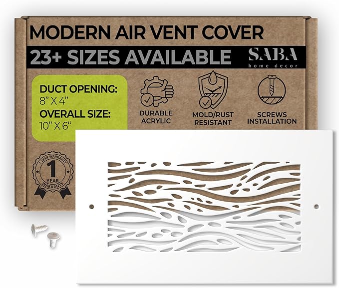 SABA Home Decor White Air Vent Cover - Acrylic Plexiglass 4" x 8" Duct Opening (6" x 10" Overall) Return Grille Decorative Covers for Walls & Ceilings NOT for Floor USE, Waves