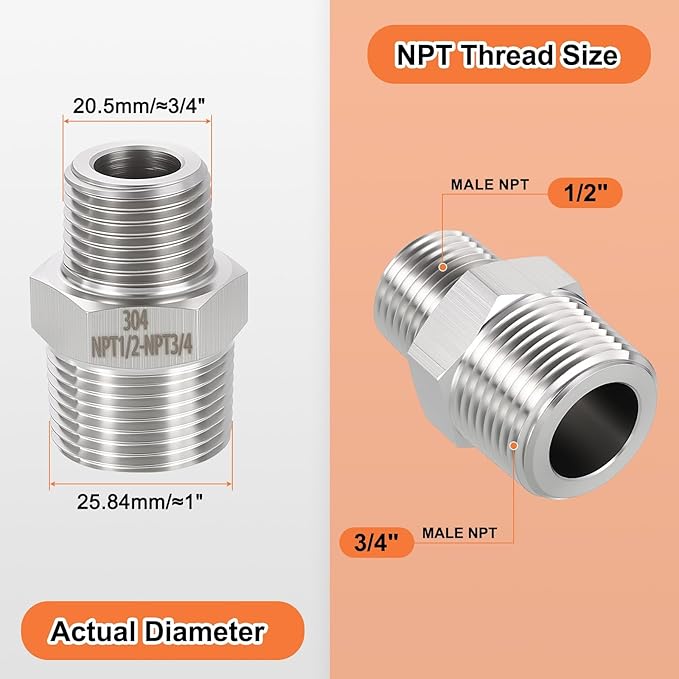 2 Pack 304 Stainless Steel Male to Male Adapter, 3/4" Male NPT x 1/2" Male NPT Hex Nipple Pipe Extension Fitting for Industrial, Automotive, Fluid Transfer, Home Gardening, Water