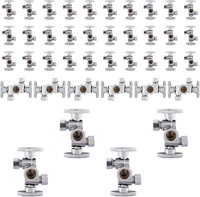40-Pack Foskan Dual Compression 1/4 Turn Angle Stop Valve with 2 Shut Off Valve/Handles,1/2" NOM (5/8" OD) x 3/8" OD x 3/8" OD,Chrome Plated Brass