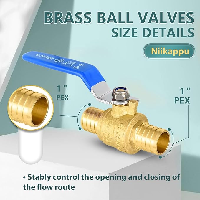 30 Pack Ball Valves, 1" Pex Crimp Shut Off Valve Blue, Brass Full Port Pex B Shut Off Ball Valve for Hot and Cold Water, NSF/ANSI 61 Certified