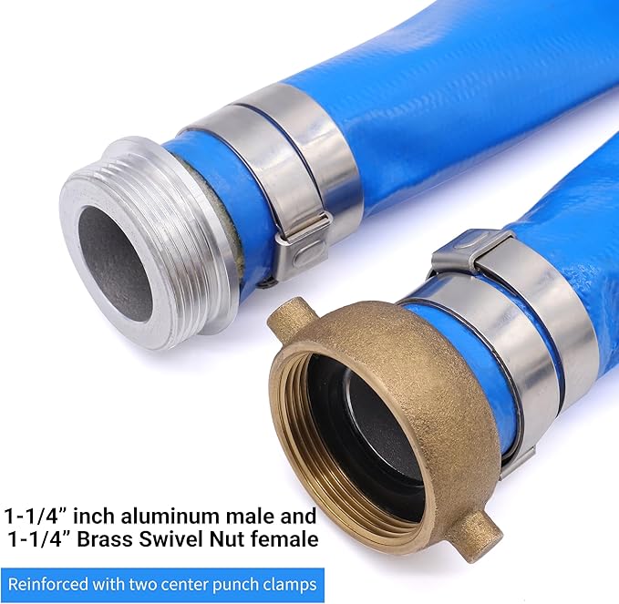 1-1/4" x 100ft PVC Lay Flat Water Pump Discharge Hose With Aluminum Pin Lug Fittings, Reinforced Pool Backwash Hose Assembly