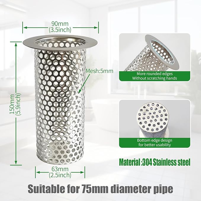 3'' Commercial Floor Drain Strainer, 4" Tall 304 Perforated Cylindrical Mesh Stainless Steel Drain Strainer for Factory/Kitchen/Hospital/Restaurant (Silver, 4" Tall x 3" Diameter)