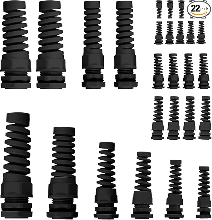 Swpeet 22Pcs 6 Sizes 3mm-18mm Waterproof Cable Gland Conduit Fittings with Gasket, Flex Spiral Strain Relief Black Nylon Pigtail Cord Joint Cord Connector Adjustable Locknut for Cable Wire