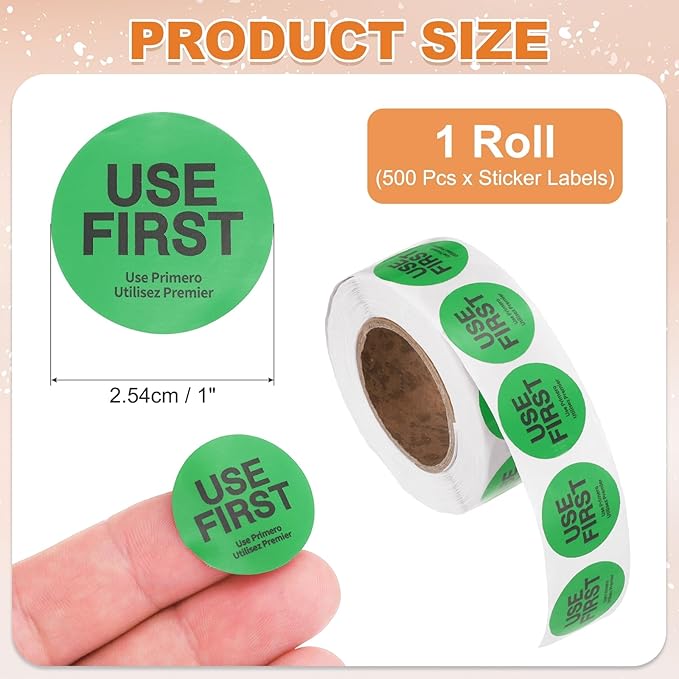 PATIKIL 500 Pcs USE First Stickers, 1 inch Round Use First Stickers Food Service Circle Inventory Control Adhesive Labels for Food Service Kitchen Restaurants Retail Storage Date, Green