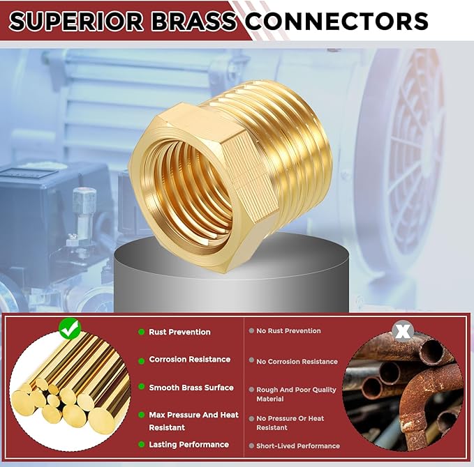 Pack of 15, 3/8" NPT Male to 1/4" NPT FeMale Solid Brass Hex Bushing, Hose Fittings Adapter Threaded Reducer Heavy Duty for Pipe Leak Repair, Pneumatic Systems, Compression