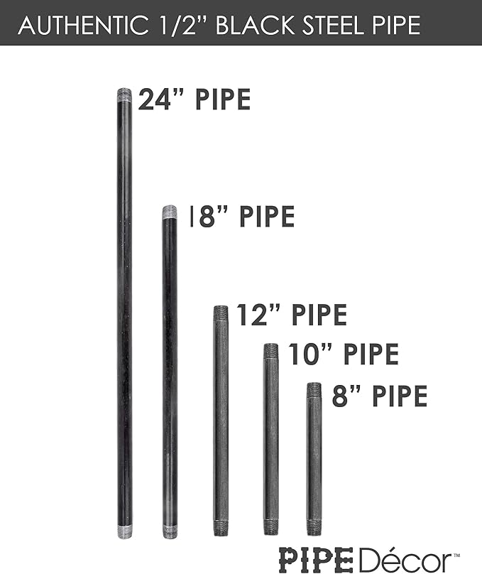 PIPE DÉCOR 1/2” x 18” Malleable Cast Iron Pipe, Pre Cut Connectors, Industrial Steel Grey Fits Standard Half Inch Black Threaded Pipes Nipples and Fittings, Build Vintage DIY Furniture, 6 Pack