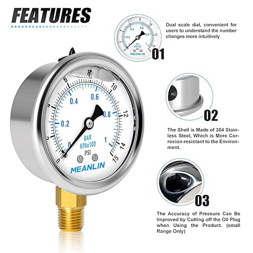 MEANLIN MEASURE 0~15Psi Stainless Steel 1/4" NPT 2.5" FACE DIAL Liquid Filled Pressure Gauge WOG Water Oil Lower Mount, with 1/4" x 1/2" NPT and 1/4" x 3/8" NPT Hex Bushing