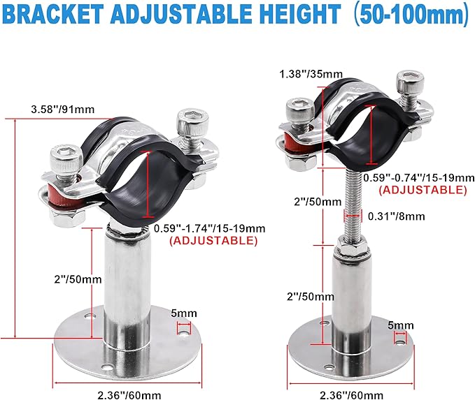 2 Pack Pipe Supports,304 Stainless Steel Wall Mount Ceiling Mount Pipe Bracket Clamp Ring Hanger with Screws for Pipe OD 15-19mm, Bracket Adjustable Height 50-100mm
