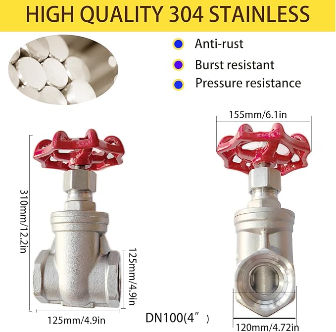 304 Stainless Steel Gate Valve,4" NPT Stainless Steel Female Threaded Rotary globe valve for water flow switches, fuel water vapor, air switches, for sump pumps and air compressors DN100