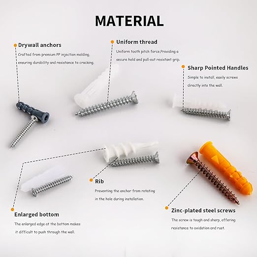 320pcs Plastic Drywall Wall Anchors Kit with Screws,6 Different Assorted Size Nylon Plastic Wall Anchors for Drywall, Holds Up to 75lbs, No Pre Drill Hole Preparation Required
