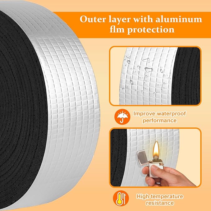 33ft Foam Insulation Tape Pipe Insulation Wrap, Waterproof Self Adhesive Winter Outdoor Freeze Protection Foil for Hot or Cold Pipes, 2 inch Wide (1 roll)