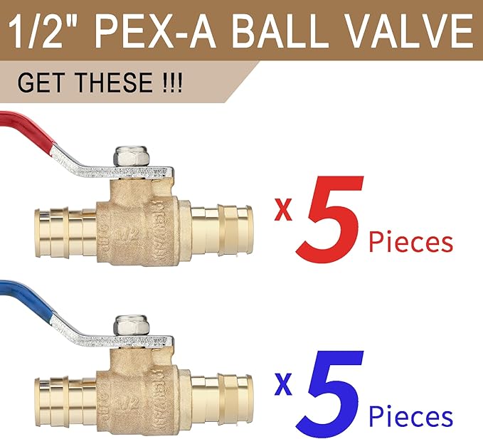 [10 Pieces] Lingmfg 1/2" PEX-A Expansion Ball Valve Shut Off Valve LING-BV1-1/2F1960-10