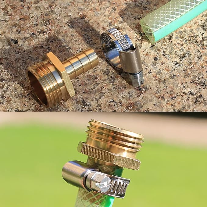 Solid Brass Garden Hose Repair kit Connector with Stainless Steel Clamps, Male Adapter/Female Garden Hose Swivel Fitting… (1/2" Barb x 3/4" Male -2 Sets)