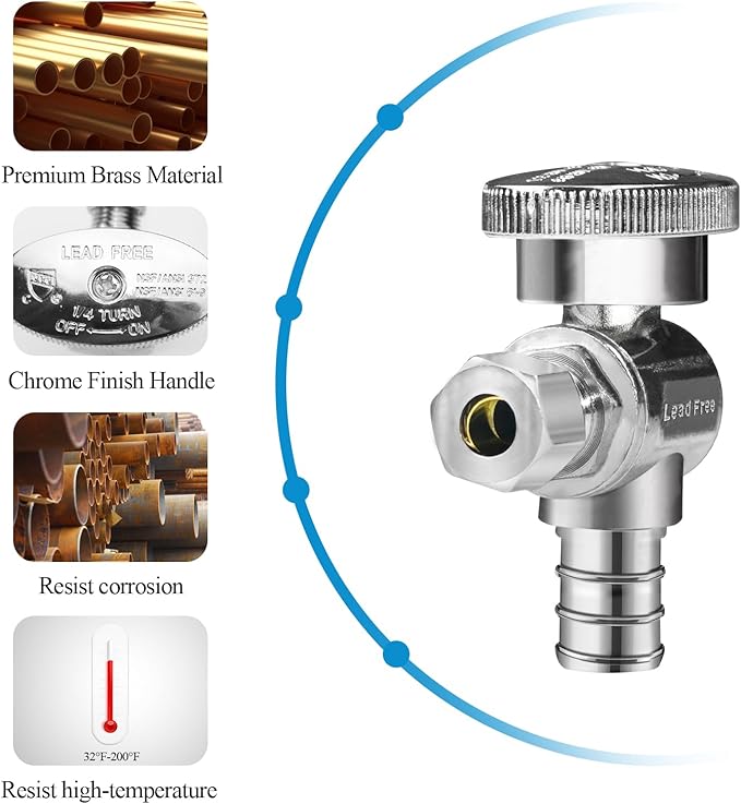 WiseWater Angle Stop Valve 1/2" PEX x 3/8" Compression, 1/4 Turn Shut Off Valve, Chrome Brass Plumbing Fitting for Ice Maker, Sink & Toilet (5-Pack)