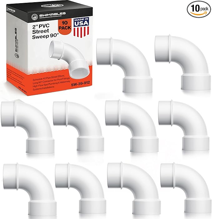 Swimables 2 Inch PVC Street Sweep 90 - Schedule 40 Pipe Street Elbow, Long 90° Connector for Pool Fittings, High-Flow Spa Plumbing & Waterway Systems Installations - Durable PVC Pipe Elbow (10 Pack)