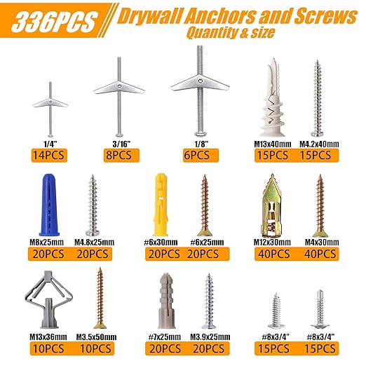 weideer 336PCS 11Sizes Drywall Anchors and Screws Assortment Kit,Toggle Bolts and Wing Nut Kit,Plastic Dry Wall Anchors with Wood Screws Handheld Box (1/4" 3/16" 1/8" #6#7#8 M8 M12 M13)