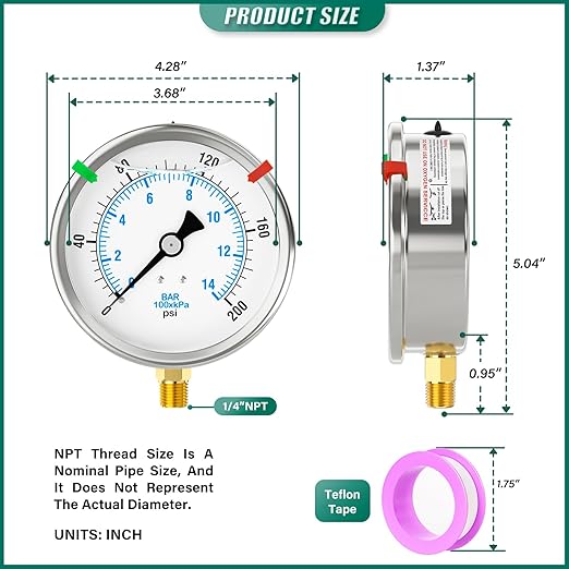 0-200PSI Stainless Steel Liquid Filled Pressure Gauge, 4" Dial Size, 1/4" NPT Lower Mount, for Tube, Water Pump, Gas, Liquid, Pressure Test (with Range Mark Pointer)